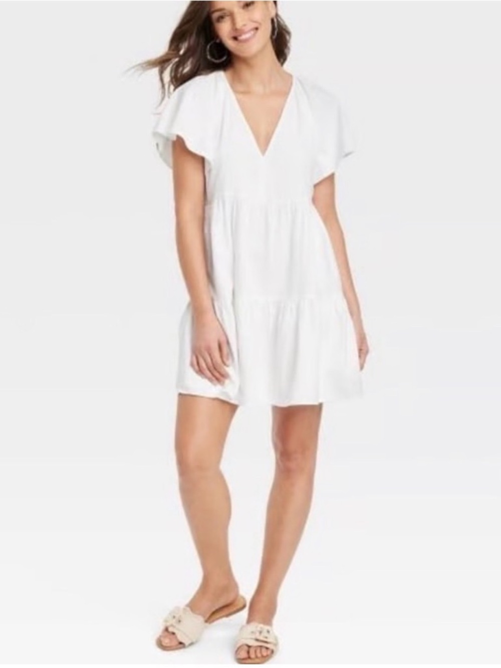 Universal Thread White V-Neck Tiered Linen Dress